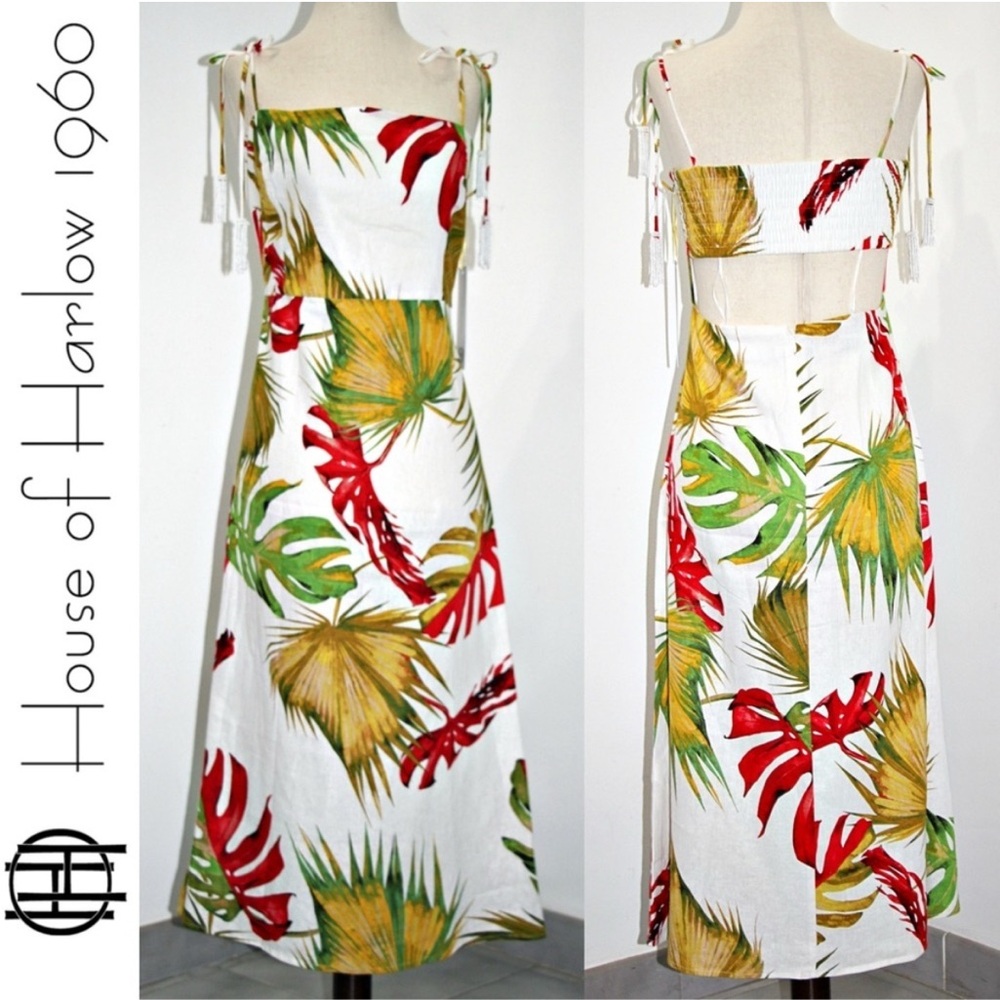 House of Harlow 1960 Midi Dress Linen‎ White Tropical Print Green Red Size Small